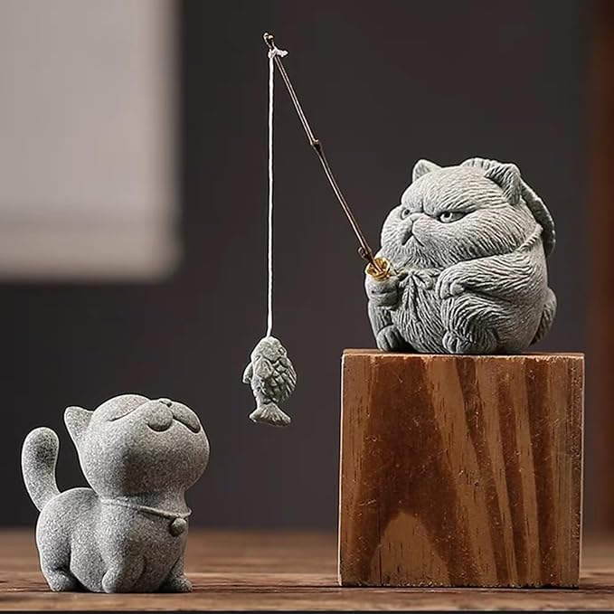 Exquisite Sandstone Warrior Cat Incense Holder (2.16”*2.36”) with Free Fishing Rod and Fish, Plus Bamboo Mat Cushion (7.28”*3.34”) (Duo with Base) - Bloomnest