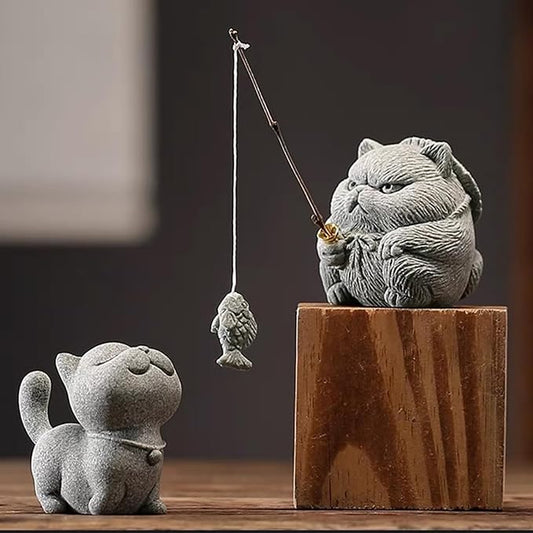 Exquisite Sandstone Warrior Cat Incense Holder (2.16”*2.36”) with Free Fishing Rod and Fish, Plus Bamboo Mat Cushion (7.28”*3.34”) (Duo with Base) - Bloomnest