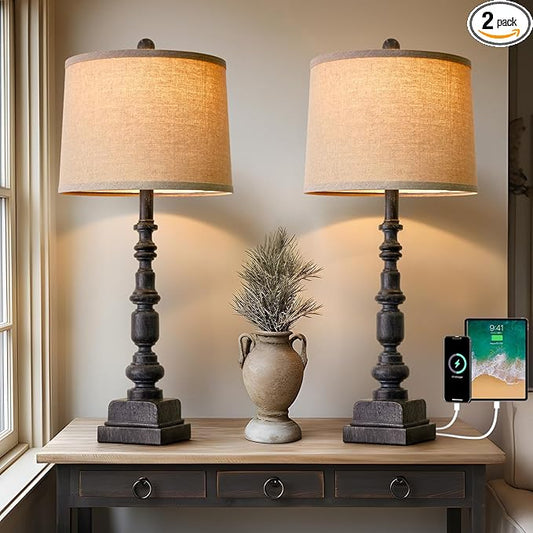 Oneach 27.75” Vintage Farmhouse USB A+C Table Lamps Set of 2 for Living Room Bedroom Traditional Bedside Nightstand Lamp Retro Resin Lamps Linen Shade Nightstand Home Office Antique Black Accent - Bloomnest