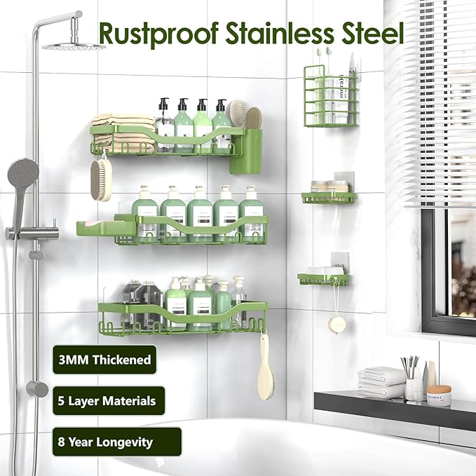 Shower Caddy Adhesive Shower Organizer 8-Pack, Rustproof Stainless Steel Bathroom Shelves, Large Capacity No-Drill Rack Storage Accessories with Soap Dish Toothbrush Holder Hooks - Bloomnest
