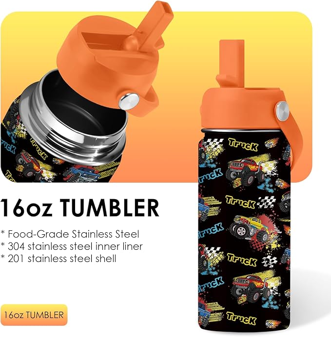 Truck Gifts for Kids - 16 Oz Kids Water Bottle with Straw Lid, Stainless Steel Insulated Tumbler, Leak Proof, BPA-Free, for Girls, School, Travel - Truck Lovers Children Birthday Gifts Cups(1pc) - Bloomnest