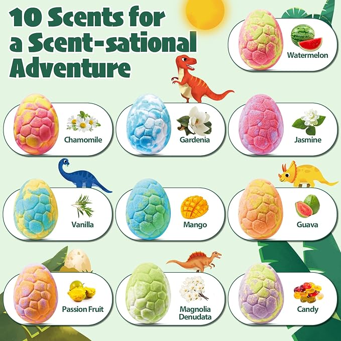 Dinosaur Bath Bombs for Kids with Surprise Inside, 20 Pack Natural Dino Egg Bath Bombs with Exclusive Carnivorous & Herbivorous Dinosaur Toys, Birthday Party Favors for Boys, Girls - Bloomnest