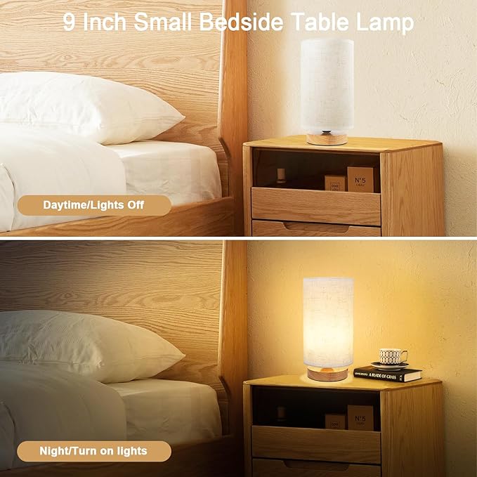 Small Bedside Table Lamp for Bedroom set of 2,Minimalist Wood Base & Round Fabric Shade,Mini Cute Cozy Warm Nightstand Boho Lamp set, Study Desk Night Stand Light for Room, Dorm,Nursery,Living Room - Bloomnest