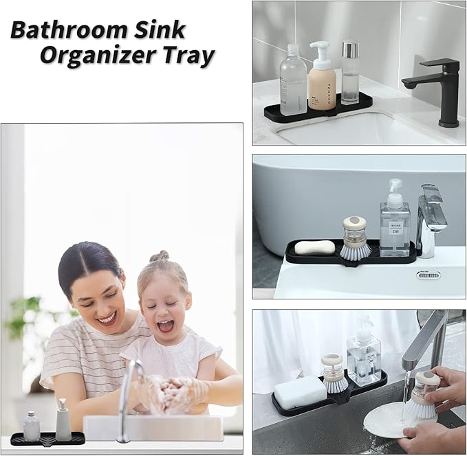 Silicone Bathroom Soap Dishes with Drain Spout-Bathroom and Kitchen Sink Organizer,Sponge Holder,Dish Soap Tray,Perfect for Dispenser,Scrubber,Bottle,Cup on Sink or Counter-Black 12"×4" - Bloomnest