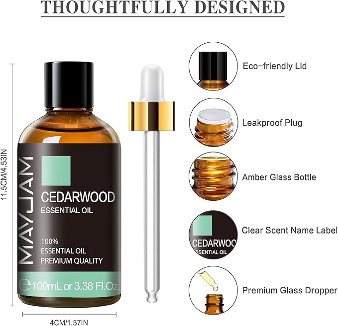Cedarwood Essential Oil 100ML/3.38FL.OZ, MAYJAM Premium Grade Cedarwood Oil Essential Oils with Glass Dropper, Great for Aromatherapy Diffuser and DIY Soap Making - Bloomnest