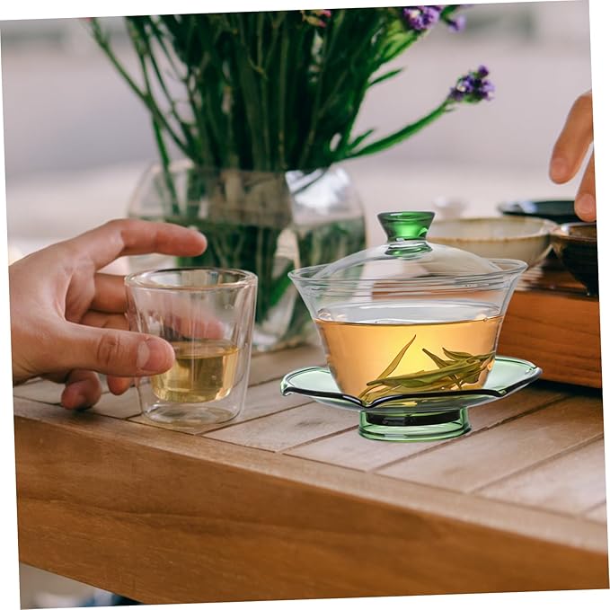Mobestech Transparent Glass Teacup with Saucer and Lid for Kung Fu Tea Ceremony Compact Porcelain Tea Bowl at Home Office with Lotus Design - Bloomnest