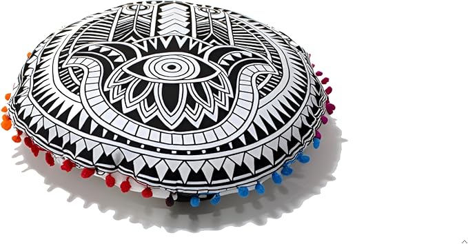 CRAFT KALA 32" Large Round Bohemian Floor Pillow Pouf Cover Mandala Meditation Room Pillow Cover for Adults Boho Seating Poufs Cushion Cover for Kids Playroom Black Hamsa Hand - Bloomnest
