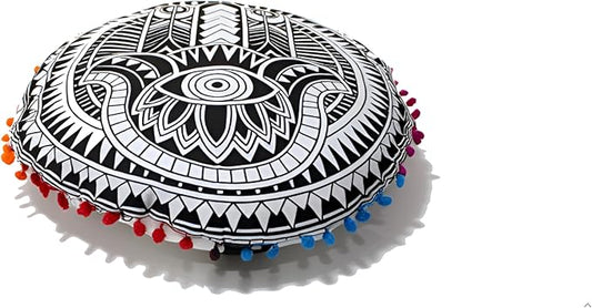 CRAFT KALA 32" Large Round Bohemian Floor Pillow Pouf Cover Mandala Meditation Room Pillow Cover for Adults Boho Seating Poufs Cushion Cover for Kids Playroom Black Hamsa Hand - Bloomnest