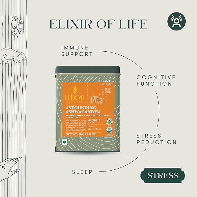 Luxmi Estates - Astounding Ashwagandha - Organic Loose Leaf Tea - 100g (50 Cups) | With Ashwagandha, Turmeric, Ginger, Lemongrass & More | Perfect Stress Relief Tea - Bloomnest