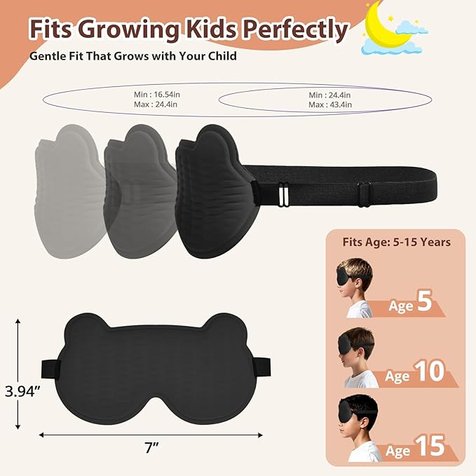 Kids Sleep Mask, 3D Sleeping Eye Mask for Kids with Adjustable Elastic Strap, Bear Shape Eye Cover with Memory Foam, Soft & Light-Blocking, Gift for Boys Girls Teens Age 5–15 (Black) - Bloomnest