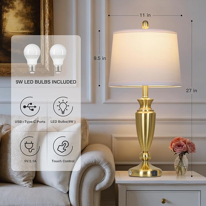 27" Gold Table Lamp Single, Touch Control Modern Bedroom Lamp with USB A+C Ports, 3-Way Metal Bedside Lamp, Elegant Brass Table Lamp for Night Stand Desk Side Table Office (Bulb Inclued) - Bloomnest