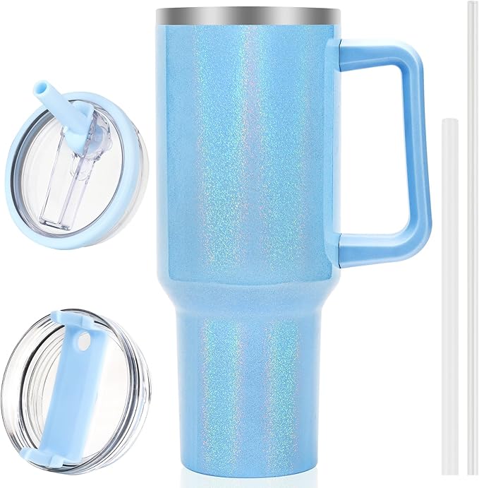 40 oz Tumbler with Handle and Flip Straw Lid, Vacuum Insulated Leak Proof Double Walled Stainless Steel Glitter Travel Mug Tumblers, Maintains Cold Ice and Heat for Hours(Blue) - Bloomnest