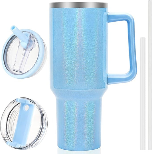 40 oz Tumbler with Handle and Flip Straw Lid, Vacuum Insulated Leak Proof Double Walled Stainless Steel Glitter Travel Mug Tumblers, Maintains Cold Ice and Heat for Hours(Blue) - Bloomnest