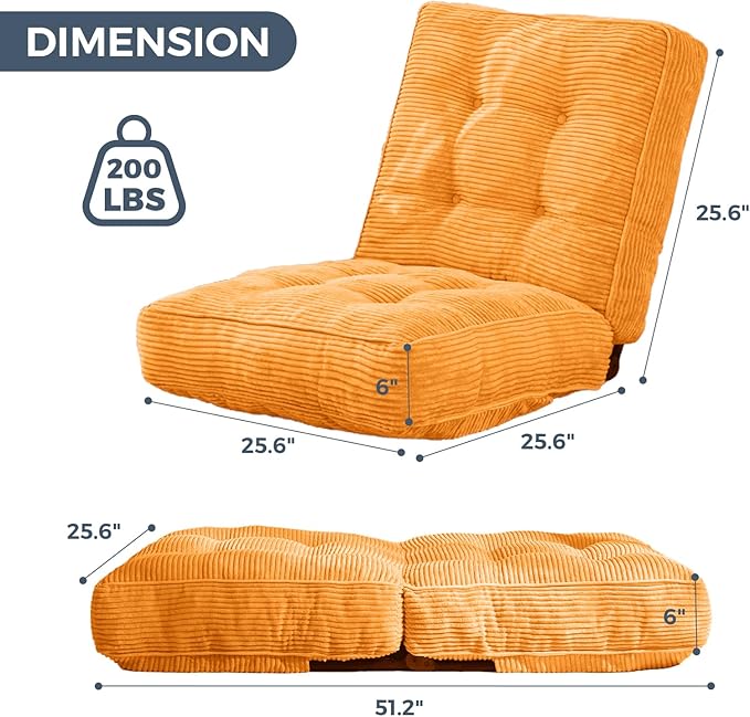 MAXYOYO Adjustable Floor Chair with Back Support, Gaming Floor Meditation Chair with Tufted Cushion, Adults Lounge Couch Folding Sofa Seat for Reading Meditating Sleeping, Orange - Bloomnest