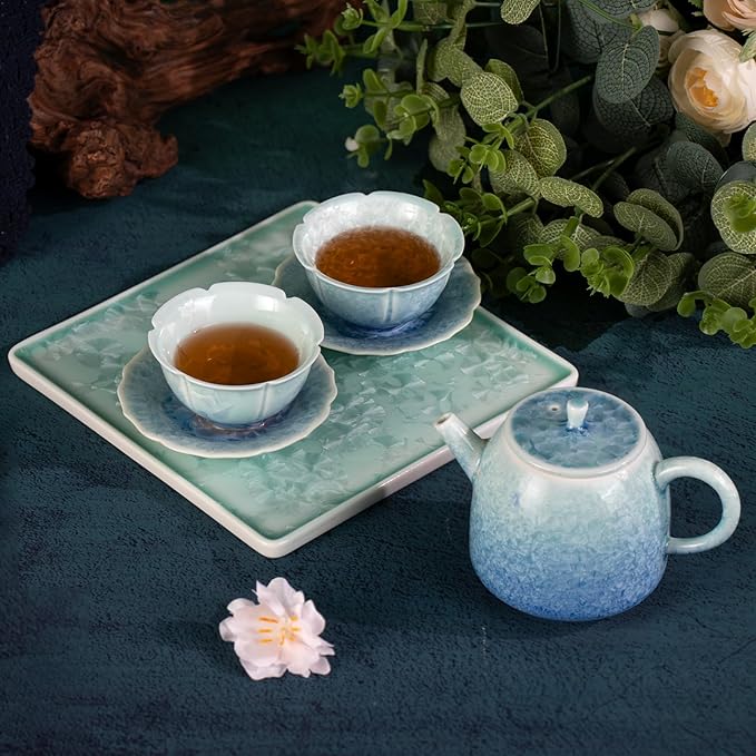 KAMMAK Tea Set Porcelain Tea Pot and Tea Cups Set, Blue and Cyan Gradient Asian Ceramic Tea Cups and Saucers Set, Chinese Gong Fu Tea Set (2 Saucer+ 2 Floral Cups +1 Tea Pot + 1 Square Plate) - Bloomnest