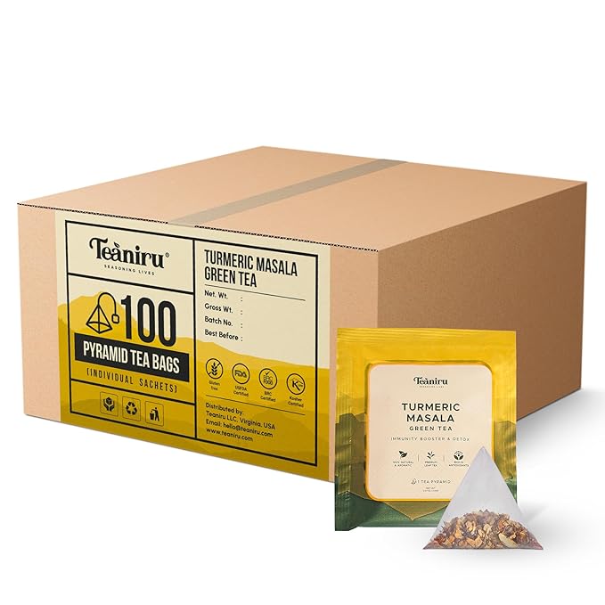 Teaniru, Turmeric Masala Green Tea - Box of 100 Pyramid Tea Bags, Individual Sachets | Detox Green Tea & Immunity Booster | 100% Natural Ingredients, Turmeric Tea with Ginger - Pure Leaf Tea - Bloomnest