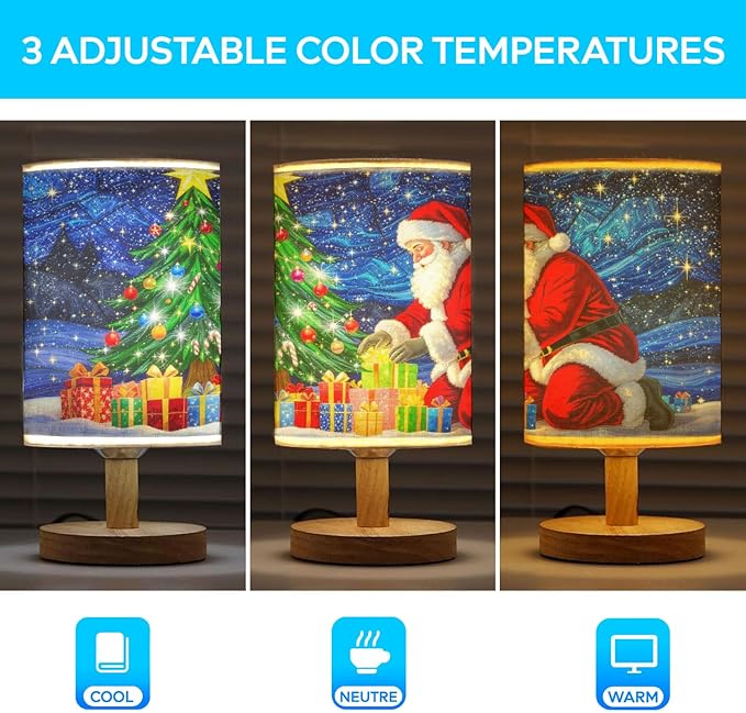 Santa Claus Table Lamp LED 3-Color Pressed Bedside for Merry Christmas, Santa Claus Shade Christmas Table Lamp with Wood Base for Bedroom Living Room Desk Office - Bloomnest