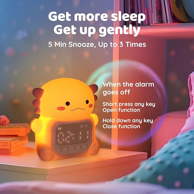 Axolotl Alarm Clock with Night Light for Kids, Rechargeable Silicone Lamp Time to Wake Clock，Cute Animal Tabletop Lamp, Perfect Sleep Companion for Boys Girls - Bloomnest