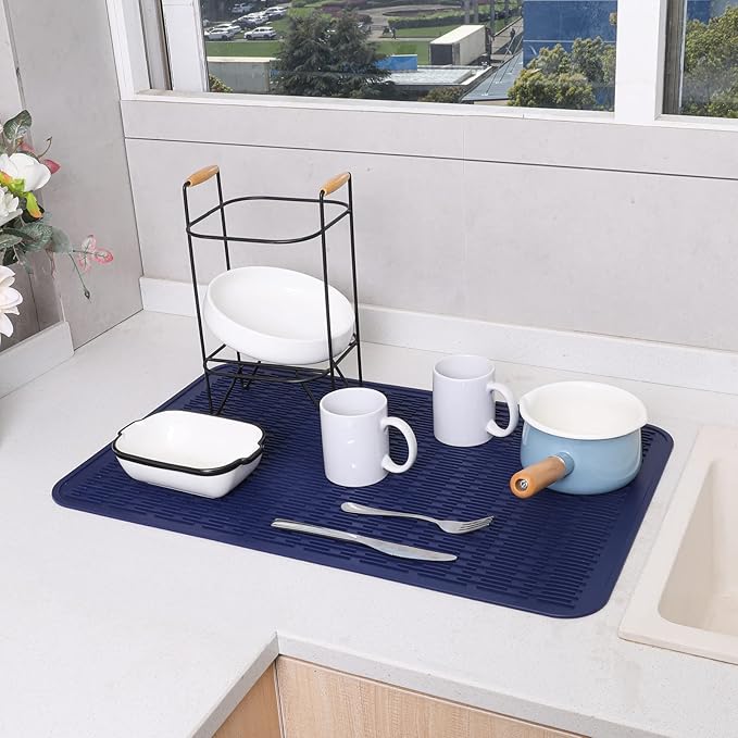 Silicone Dish Drying Mat for Multiple Usage,Easy clean,Eco-friendly,Heat-resistant Silicone Mat for Kitchen Counter or Sink,Refrigerator or Drawer Liner Navy Blue 3XL 28 inches x 18 inches - Bloomnest