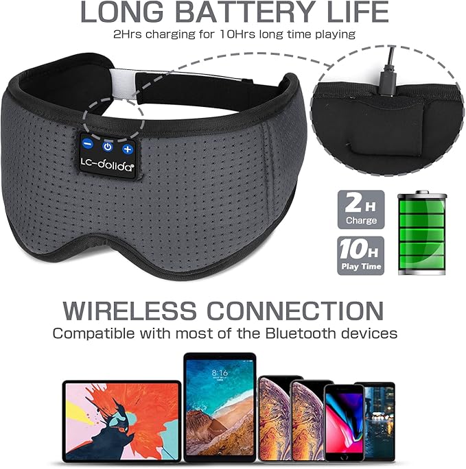 LC-dolida Sleep Headphones, Sleep Mask Bluetooth Wireless Music Eye Mask, Sleeping Headphones for Side Sleepers Sleep Mask with Bluetooth Headphones Ultra-Thin Stereo Speakers Perfect for Sleeping - Bloomnest
