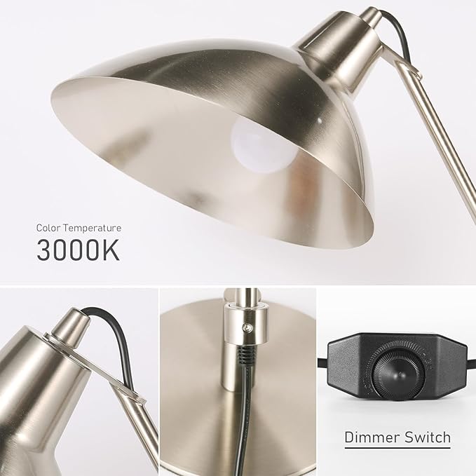 Desk Lamp Modern Industrial 100% Metal Table Lamp 22", Soft White Light (3000K) with Adjustable Switch, Ideal for Office Bedroom Study Room Living Room Nightstand Bedside Lamps Nickel - Bloomnest
