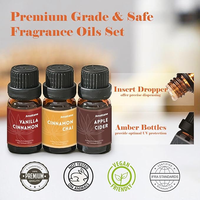 AmaKane Fall Fragrance Oil, Autumn Essential Oils for Diffuser, Soap Candle Making Scents, Pumpkin Pie Spice, Vanilla Cinnamon, Apple Cider, Fallen Leaves, Autumn Magic, Cinnamon Chai, 6x10 ml AmaKane
