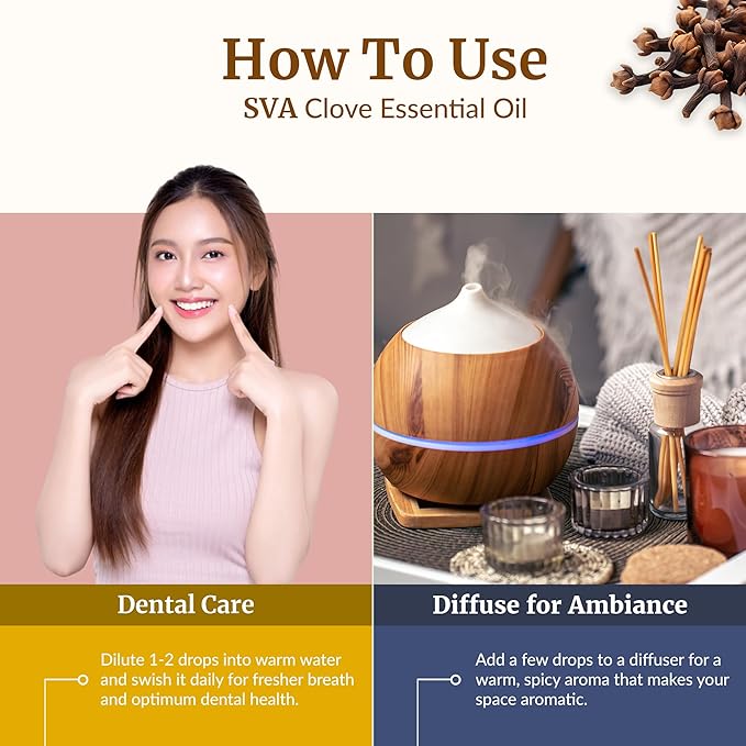 SVA Clove Essential Oil Organic – 4 Fl Oz – 100% Natural Organic Clove Oil - for Diffuser, Hair Care, Face, Skin Care, Aromatherapy, Scalp and Body Massage, Soap and Candle Making - with Dropper - Bloomnest