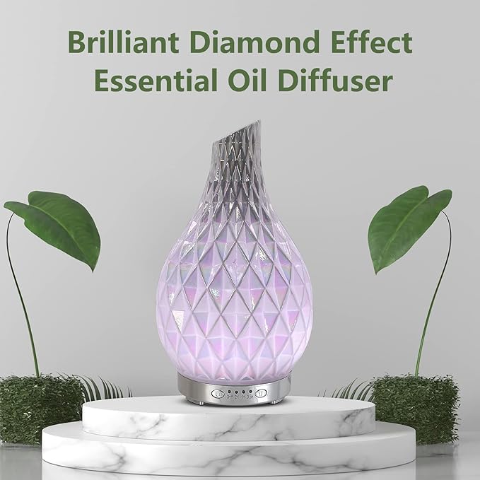 MAXWINER Essential Oil Diffuser Handmade Art Glass Aromatherapy Ultrasonic Humidifier with 7 Colors Lights Changing, Waterless Auto Shut-Off, Time Setting for Home, Office, Room 120ml (Diamond) - Bloomnest