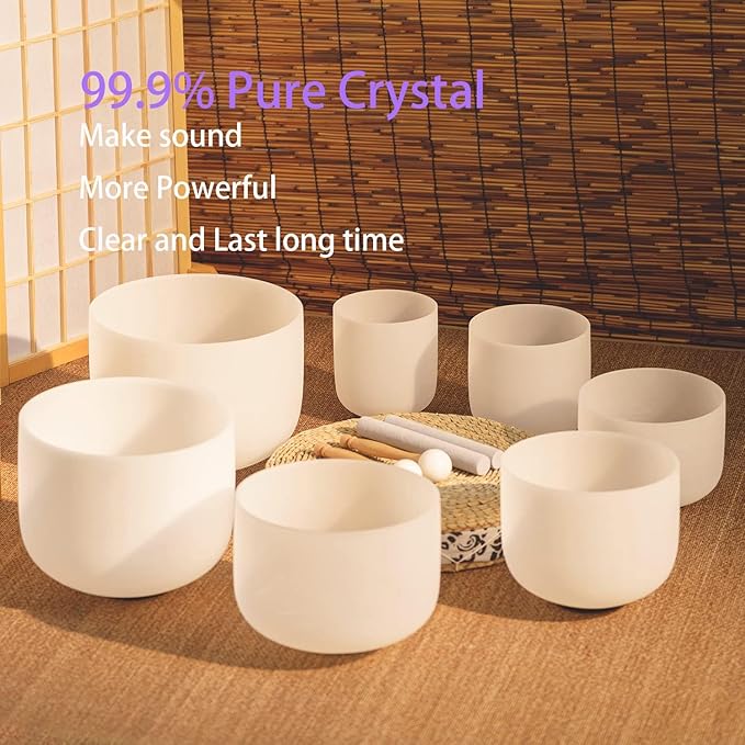 Hye-eun Crystal Singing Bowl Set of 7,Frosted Quartz Chakra Sound Bowls Meditation Set with 2 Pcs Carrying Cases for Yoga Sound Healing - Bloomnest