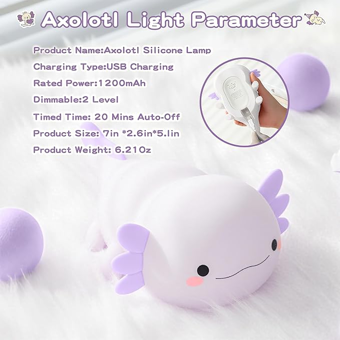 Axolotl Night Light for Kids,Cute Purple Axolotl Lamp ,LED Squishy Nursery Nightlight, Food Grade Soft Silicone Novelty Animal Bedside Lamp,Adorable Room Decor , Axolotl Gitfs for Mother Girls Baby - Bloomnest