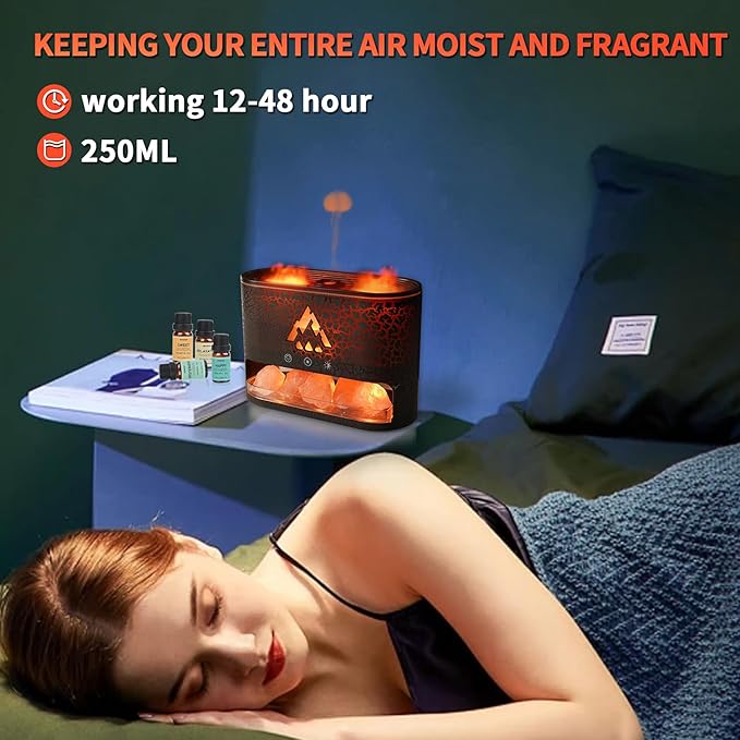 BOHOFAM Essential Oil Diffuser with Himalayan Salt lamp,Double Flame/Jellyfish 2 Mode Aroma Diffuser/Humidifier, Colorful Lights,4 * 10ML Hotel Collection Diffuser Oils Scents,for Home Bedroom(Black)