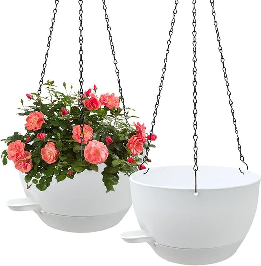 WOUSIWER Self Watering Hanging Planters, 2 Pack 10'' Plastic Pots with Drainage Holes & Reservoir Tray (White) | Indoor & Outdoor Use for Ferns, Ivy, Herbs, Succulents - Bloomnest