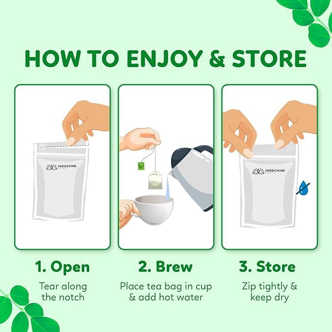 Indochine Blends Moringa Tea Bags | Moringa Leaf, Red Rice, Chrysanthemum & Stevia | Sugar-Free, Caffeine-Free Herbal Tea | Double Chamber, Individually Wrapped Bag | 3.5 oz | 50 Tea Bags - Bloomnest