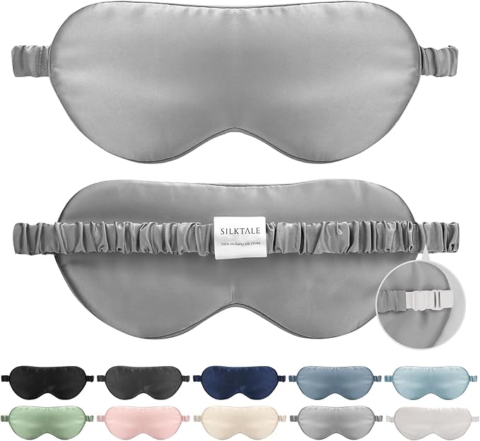 100% Mulberry Silk Eye Mask for Sleeping with Silk Wrapped Adjustable Strap,Silver Gray - Bloomnest