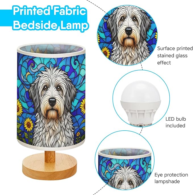 Old English Sheepdog Table Lamp LED 3-Color Pressed Bedside, Dog Shade Lamp with Wood Base for Bedroom Living Room Desk Office - Bloomnest