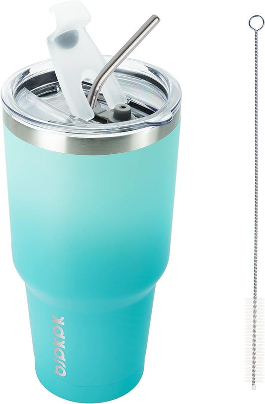 BJPKPK 30oz Stainless Steel Tumbler Color Block Insulated Tumblers Cup with Lid and Straw, Double Walled Travel Coffee Mug,Mint - Bloomnest