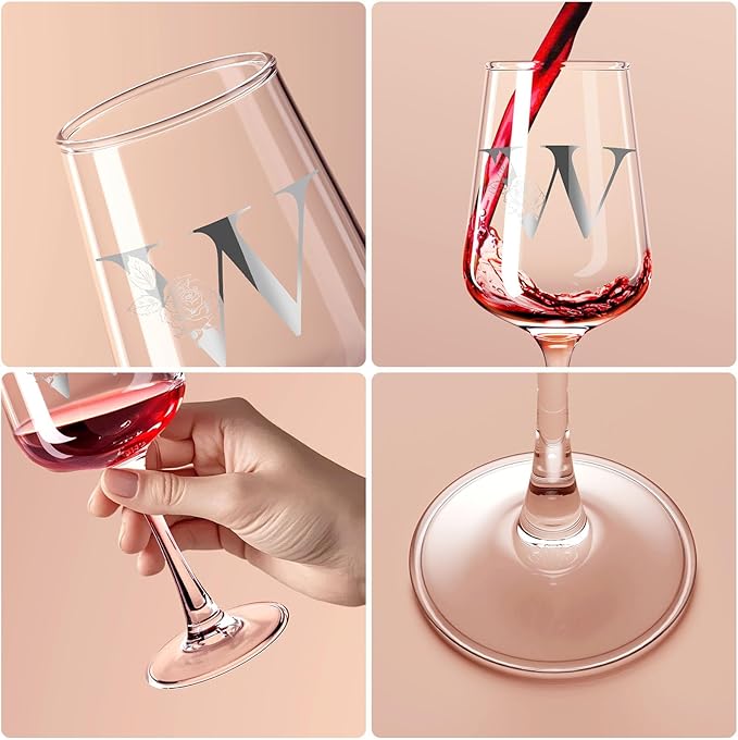 Valentines Day Gifts for Her Women - Personalized Initial Wine Glasses Custom Gift, Galentines Gift Christmas Mothers Day Birthday Gifts for Women Her Mom Wife Best Friend Sister (W) - Bloomnest