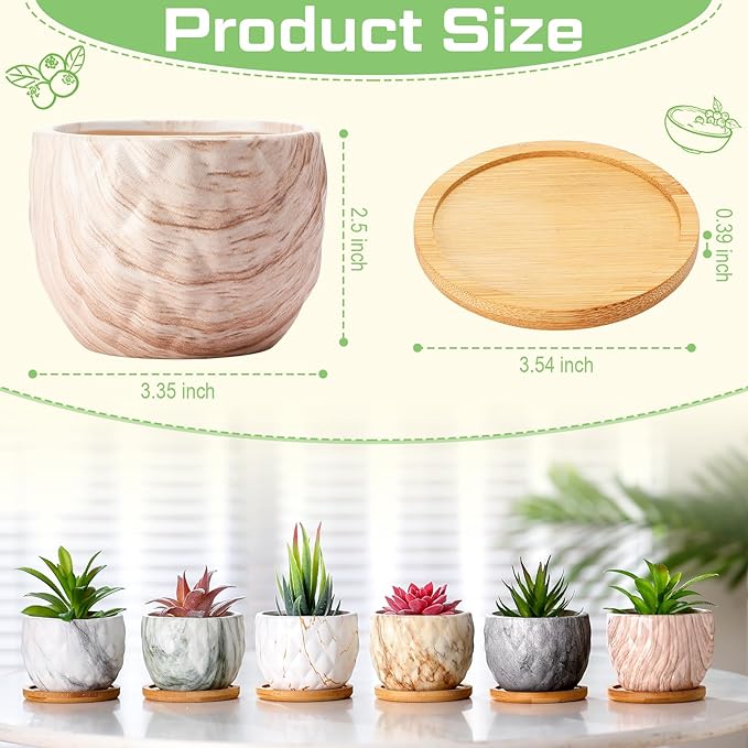 Marbling Ceramic Flower Pot 3.35 Inch Succulent Small Plant Cactus Herbs Planter Ceramic Pot with Drainage Hole Matte Round Container(6 Pcs,Elegance Style) - Bloomnest