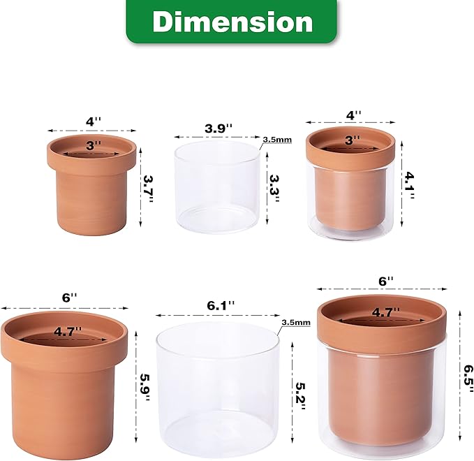 Phoenix Vine 4 Inch 6 Inch Self Watering Planter Pots, Terracotta Clay Pots with Glass Reservoir for Indoor Plants, Herbs, Flowers, 52-A-G-46 - Bloomnest