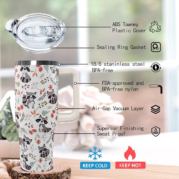 Ceovfoi 40 Oz Racoon Tumbler With Handle, Coffee Travel Mug Cup Water Bottle, Racoon Decor, Gifts for Women - Bloomnest