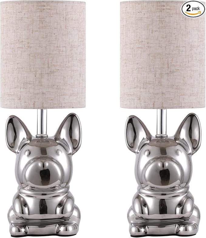 Set of 2 Ceramic Table Lamp, Puppy Shape Desk Lamp Cute Bedside Lamp for Nightstand, Living Room, Bedroom, Gifts for Kids Girls, 4W LED Bulb Included, Chrome - Bloomnest