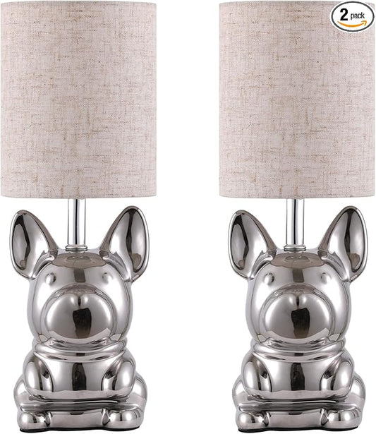 Set of 2 Ceramic Table Lamp, Puppy Shape Desk Lamp Cute Bedside Lamp for Nightstand, Living Room, Bedroom, Gifts for Kids Girls, 4W LED Bulb Included, Chrome - Bloomnest