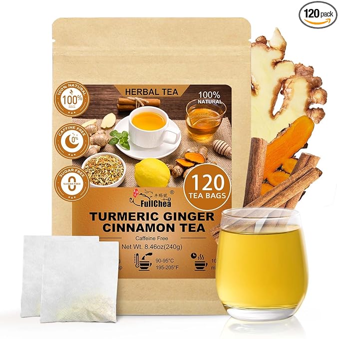 FullChea - Turmeric Ginger Cinnamon Tea Bags, 120 Teabags, 2g/bag - Premium Turmeric, Ginger, Cinnamon - Non-GMO - Caffeine-free - Aid Digestion & Boost Immunity - Bloomnest