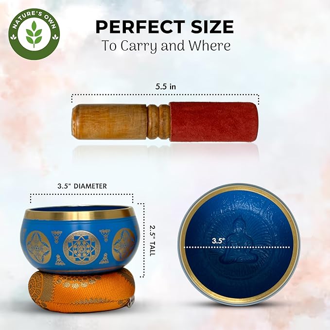 Nature's Own Tibetan Singing Bowl Set- Easy to Play- Meditation Sound Bowl Handcrafted in Nepal for Yoga, Mindfulness, Chakra Healing, Stress Relief- Spiritual Gifts for Women and Men (3.5 Inch, Blue) - Bloomnest