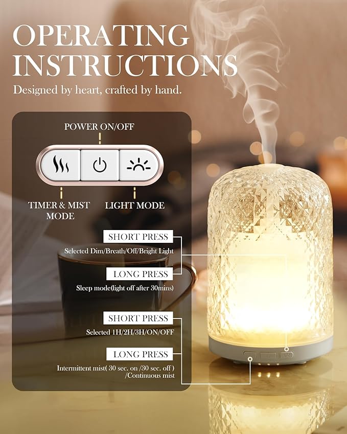 Essential Oil Diffuser – 2.4MHz Ultrasonic Aromatherapy Diffuser, Health Night Light, Timer & Auto Shut-Off, BPA-Free, 120ml Glass Oil Diffuser for Home, Office, Spa, Yoga - Bloomnest