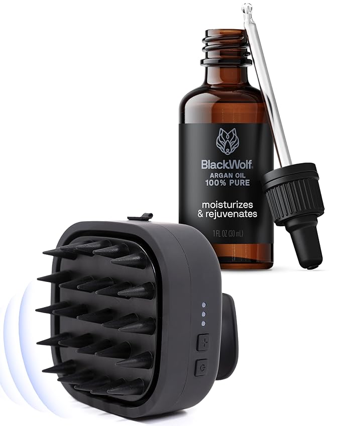 Black Wolf Sonic Scalp Head Massager & 100% Pure Argan Oil Bundle - Hair Care Products for Healthy Looking Hair & Scalp - Men's Shower & Bathroom Essentials Set BlackWolf