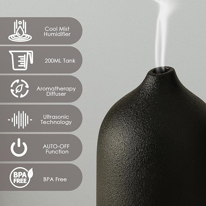 Diffuserlove Ceramic Essential Oil Diffuser Aromatherapy Diffusers for Home Bedroom Air Stone Diffuser Black Base - Bloomnest