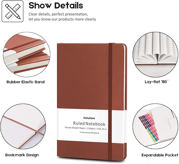Huhuhero Notebooks Journal, Ruled Notebook, Premium Thick Paper Lined Journal, Black Hardcover Notebook for Office Home School Business Writing Note Taking Journaling, 5"×8.25" (5, Brown) - Bloomnest