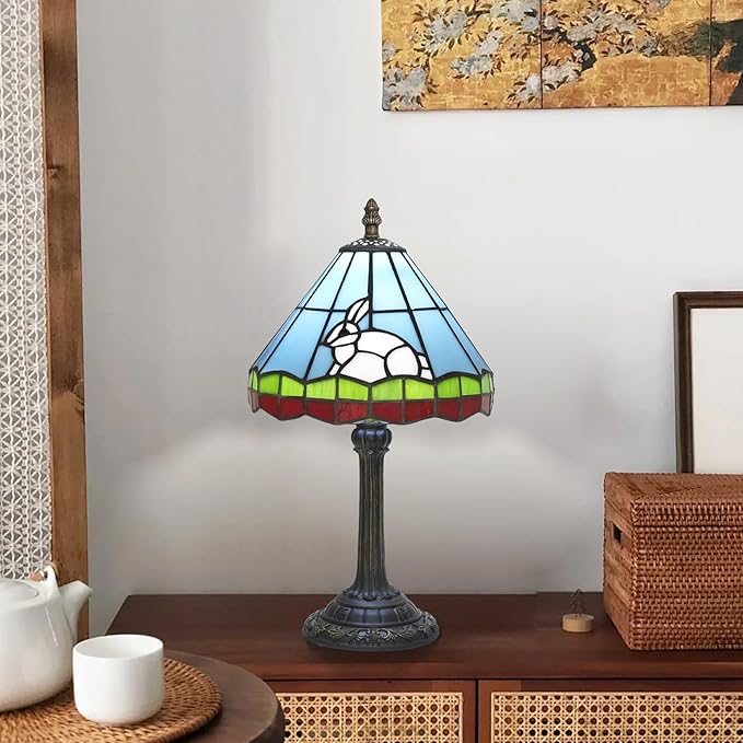 Tiffany lamp 8 inch small stained glass lamp fairy tale white rabbit bedside lamp suitable for bedroom dormitory dining room living room Tiffany style retro home decoration handmade children's gift - Bloomnest