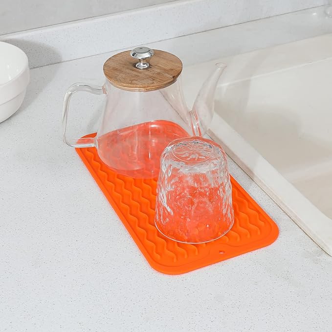 Silicone Dish Drying Mat for Multiple Usage,Easy clean,Eco-friendly,Heat-resistant Silicone Mat for Kitchen Counter or Sink,Refrigerator or Drawer Liner Orange S 12 inches x 6 inches - Bloomnest